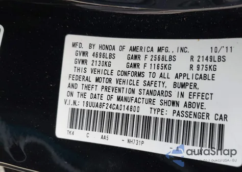 2012 Acura Tl 3.5 из США, поврежденный, VIN 19UUA8F24CA014800